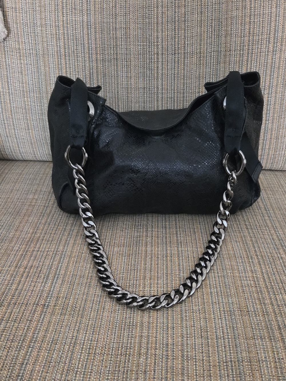 Henri Bendel black with gunmetal snake embossed slouchy shoulder bag